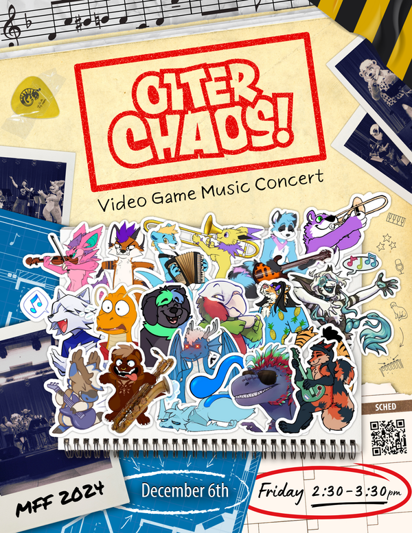 Otter Chaos! Video Game Concert - MFF 2024, Dec 6th, 2:30-3:30pm. The poster includes stickers of all 18 band members fursonas.